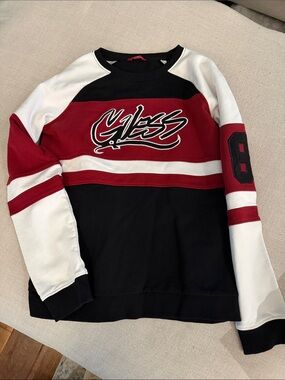 Guess Men's Black, Red & White Colorblock Crewneck Sweater